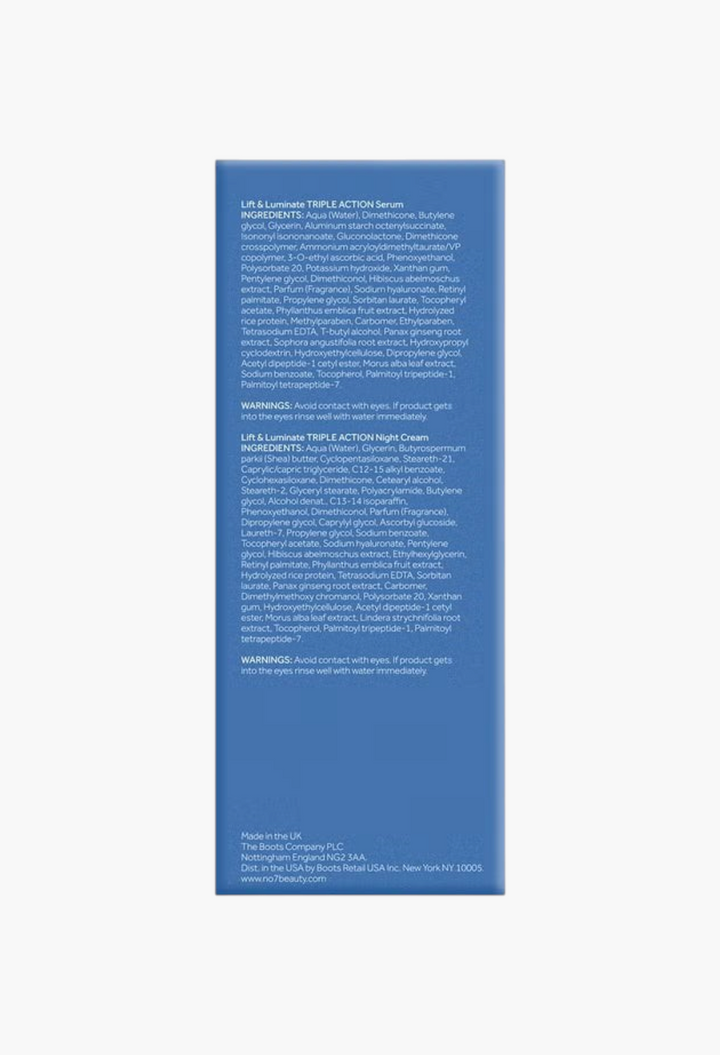 GLAM MODA No7 Lift & Luminate skincare product ingredient list and usage warnings on blue packaging back panel