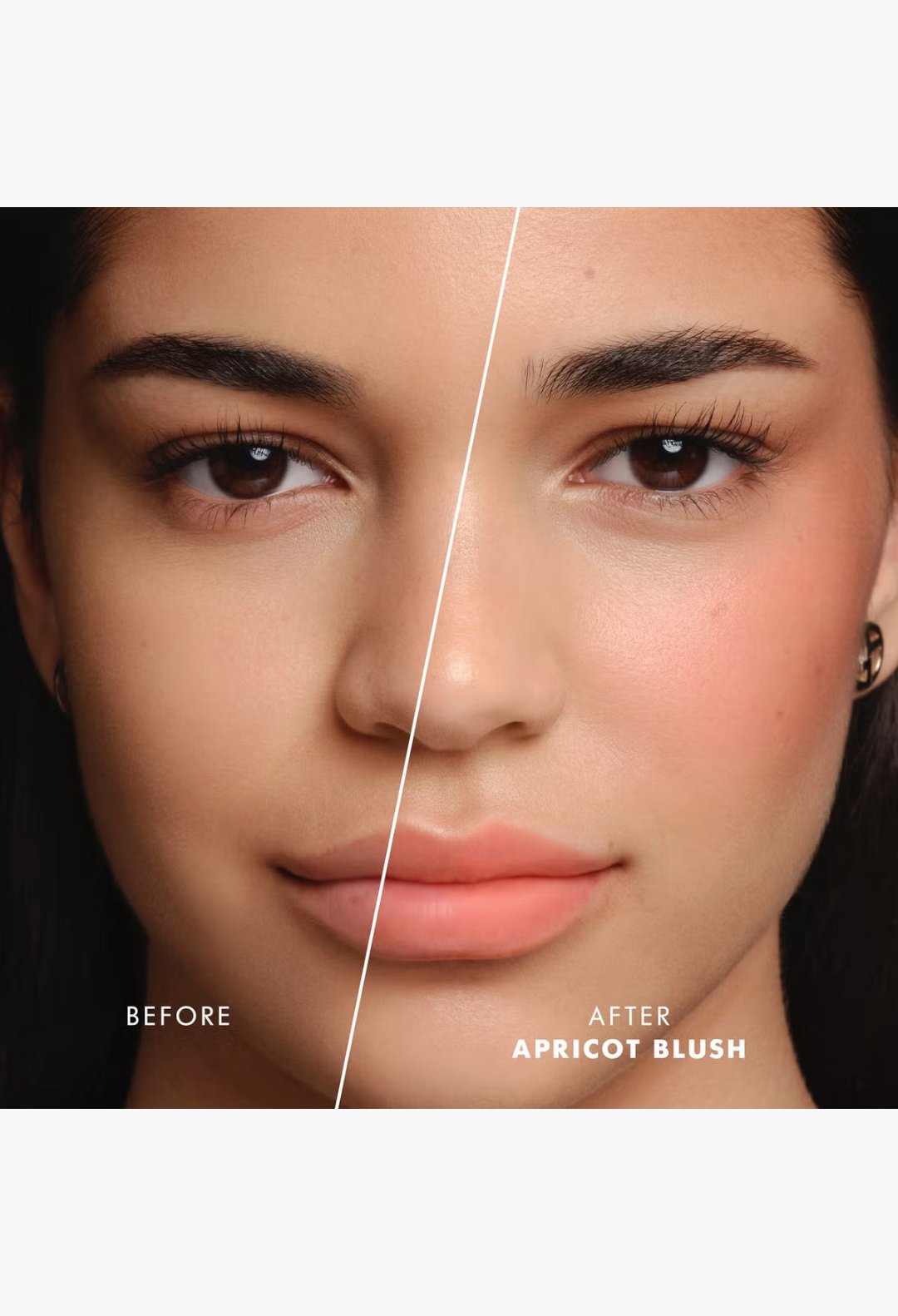 GLAM MODA Armani Dolci Blush in Apricot Jam shown on a model, comparing bare skin to a fresh, radiant flush.