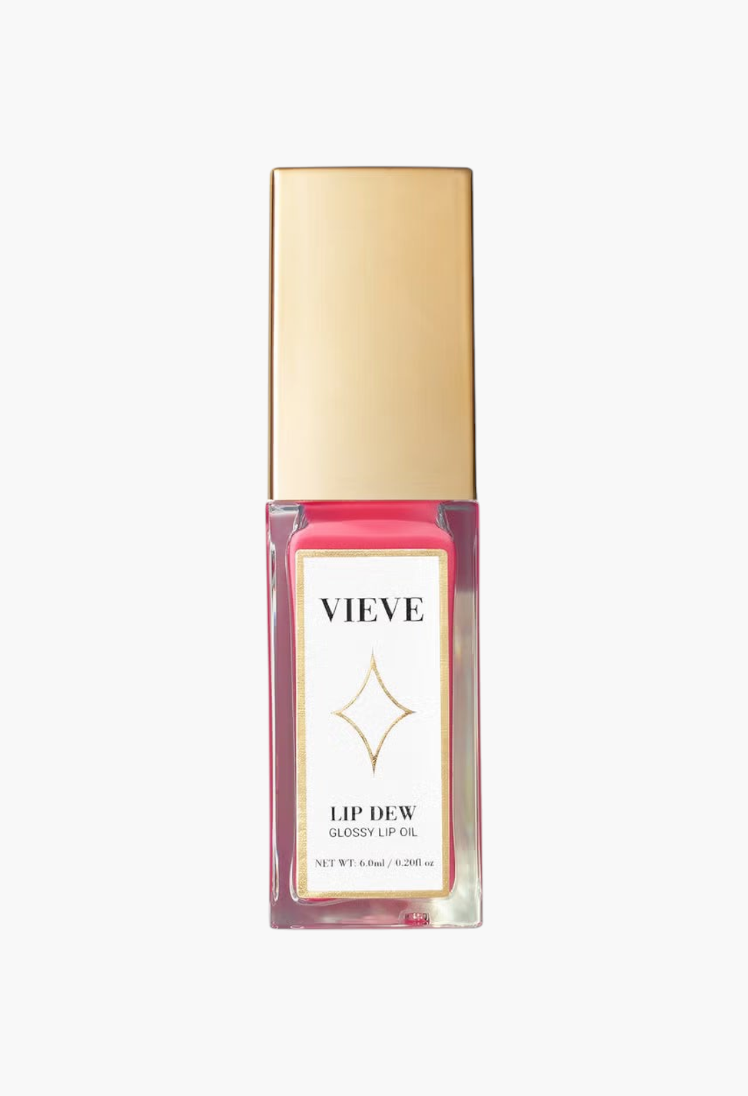 GLAM MODA VIEVE Lip Dew glossy lip oil in a clear rectangular bottle with a gold cap on a white background
