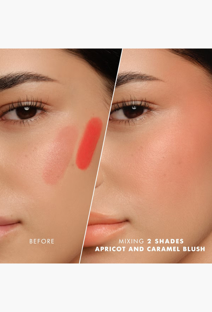 GLAM MODA Armani Beauty Dolci Blush applied to cheek, showing before and after blending apricot and caramel shades.