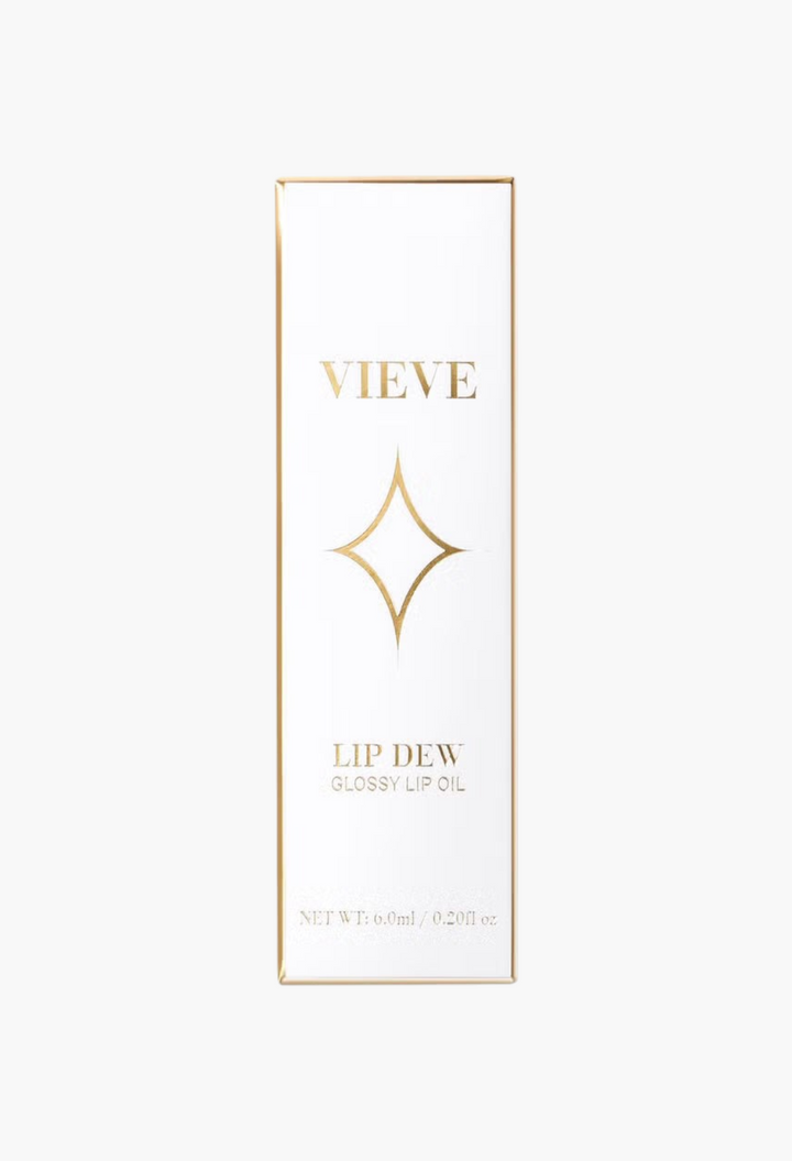 GLAM MODA VIEVE Lip Dew glossy lip oil packaging in a white box with gold star logo and elegant typography