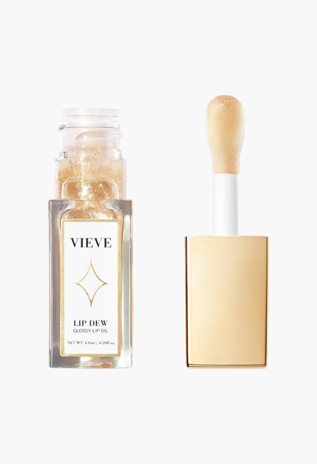 GLAM MODA VIEVE Lip Dew glossy lip oil with gold shimmer, clear bottle, and applicator wand on a white background.