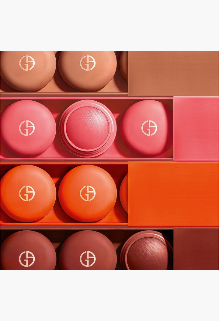 GLAM MODA Armani Beauty Dolci Blush cream-to-powder sticks in various shades arranged in a colourful grid layout.