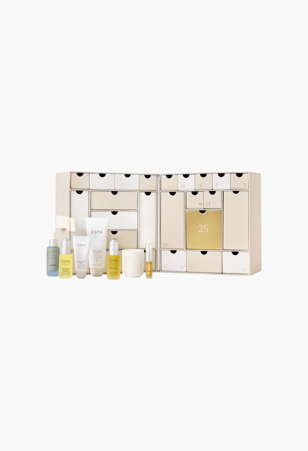 GLAM MODA ESPA Moments of Wellness Advent Calendar featuring twenty-five drawers and a selection of skincare products.