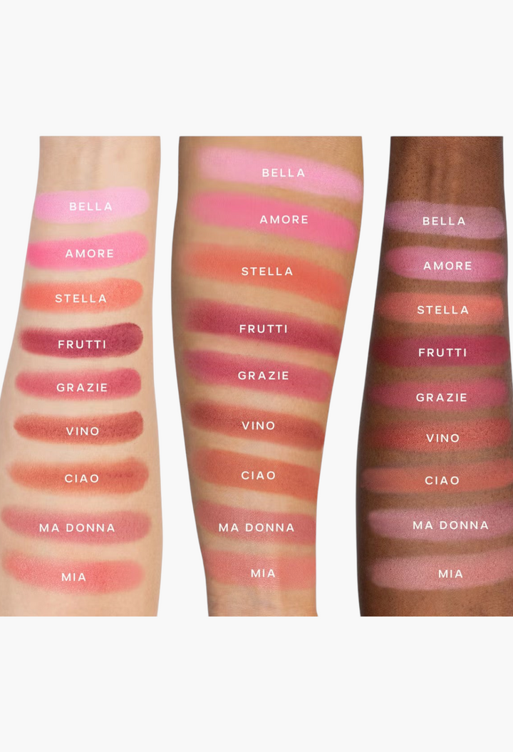 GLAM MODA Saie SuperSuede Radiant Blush powder swatches on three different skin tones showing various pigment shades
