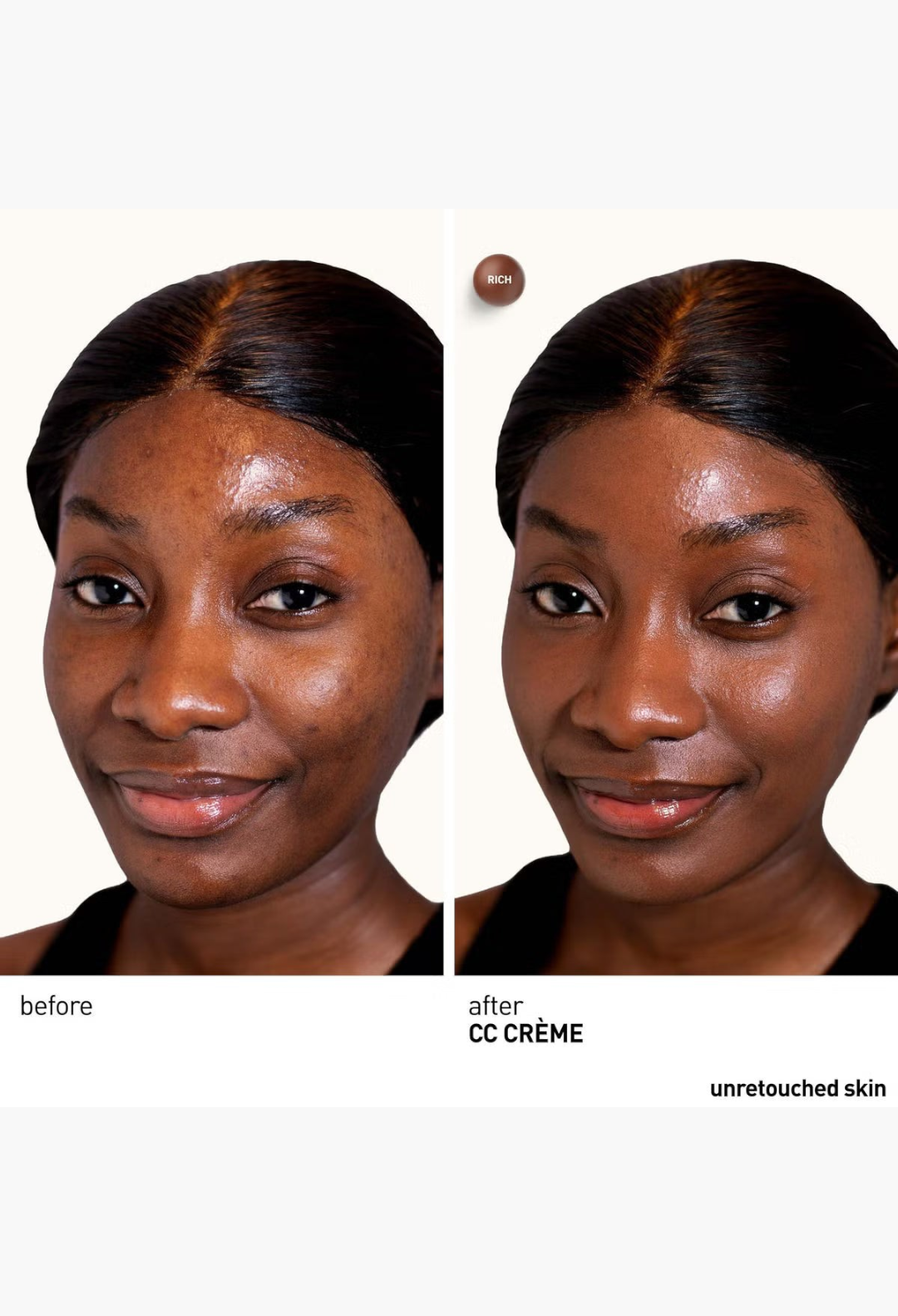 GLAM MODA Erborian CC Cream before and after application showing even skin tone and radiant finish on a model