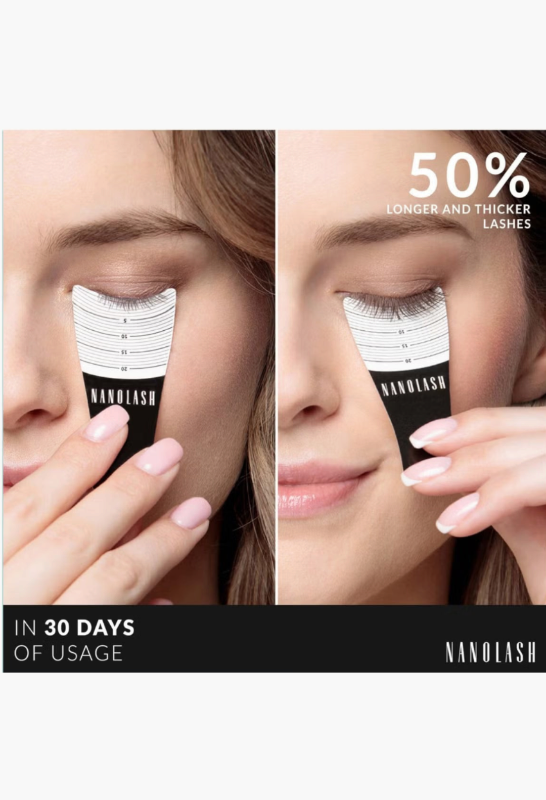 GLAM MODA Nanolash eyelash serum before and after comparison showing 50 percent longer and thicker lashes