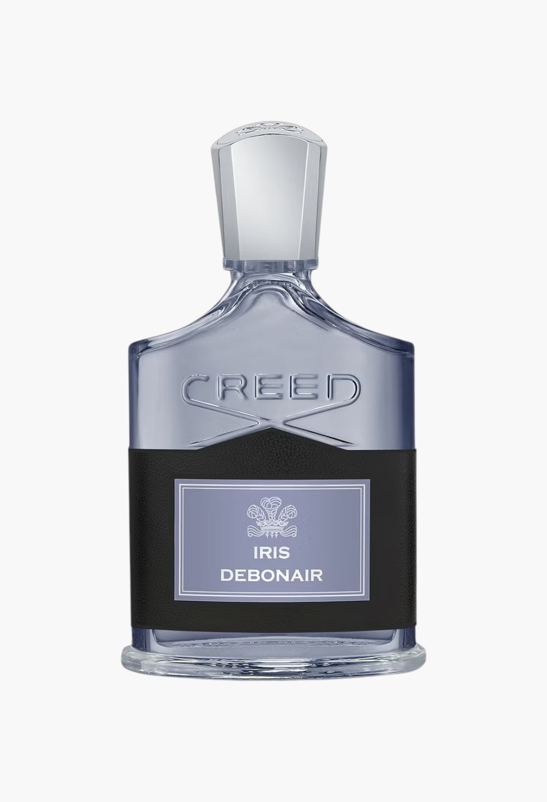 GLAM MODA Creed Iris Debonair Eau De Parfum in a clear glass bottle with a black leather label and silver cap.