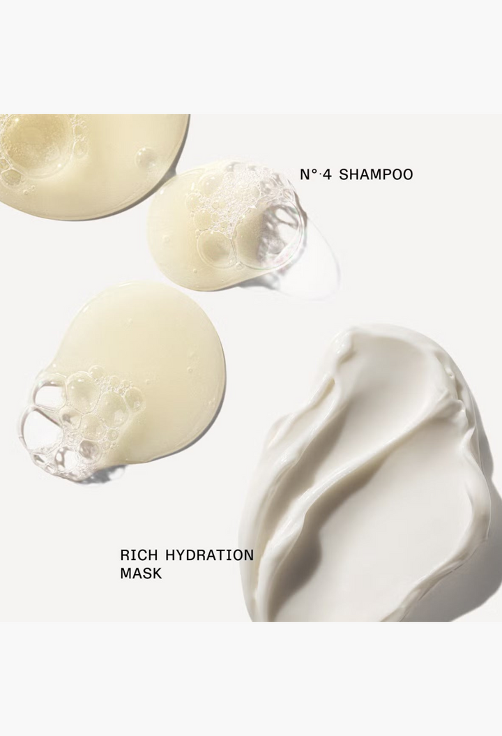 GLAM MODA Olaplex Hydration Heroes set featuring textures of clear shampoo and rich white hair mask cream.