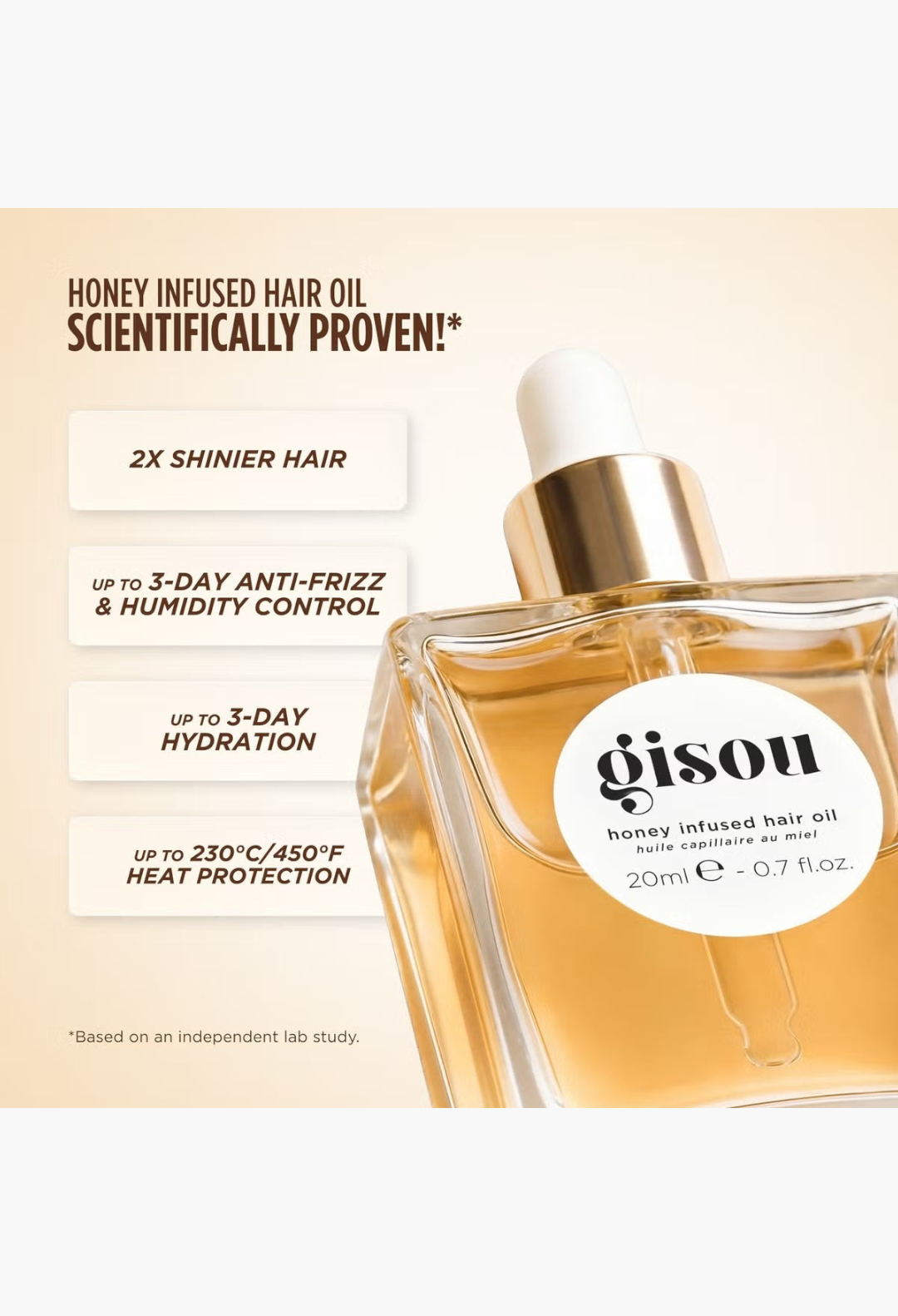 GLAM MODA Gisou Honey Infused Hair Oil bottle with dropper, highlighting benefits like shine and heat protection.