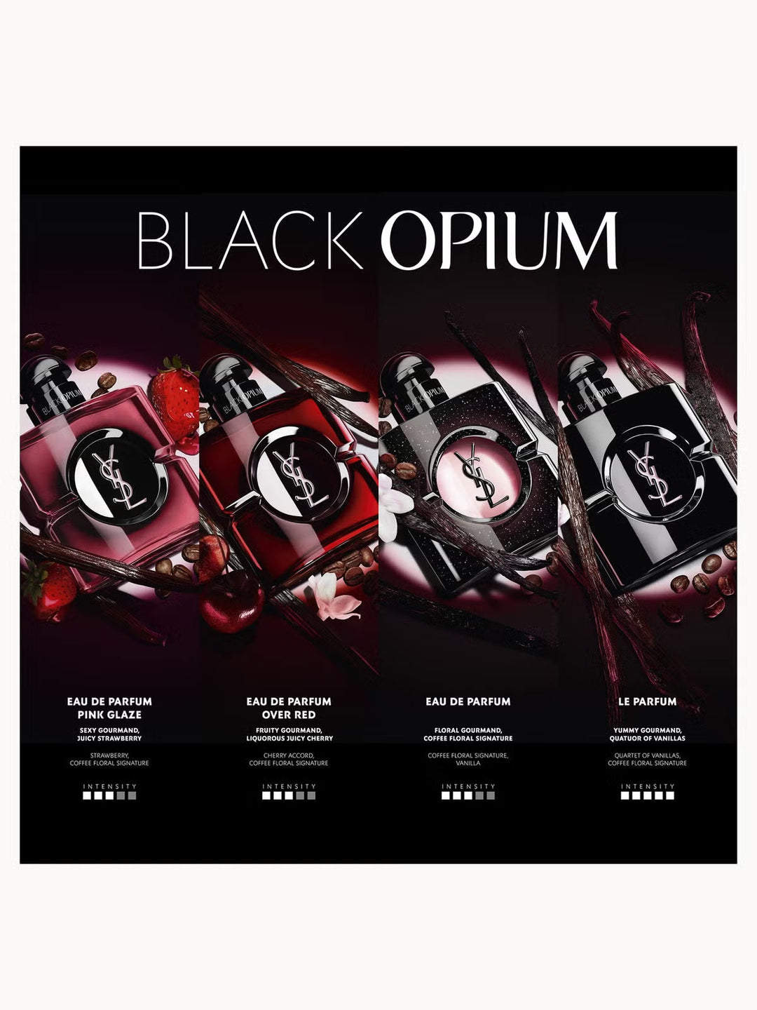 GLAM MODA YSL Black Opium Pink Glaze and classic perfume bottles with strawberry, coffee, and floral accents