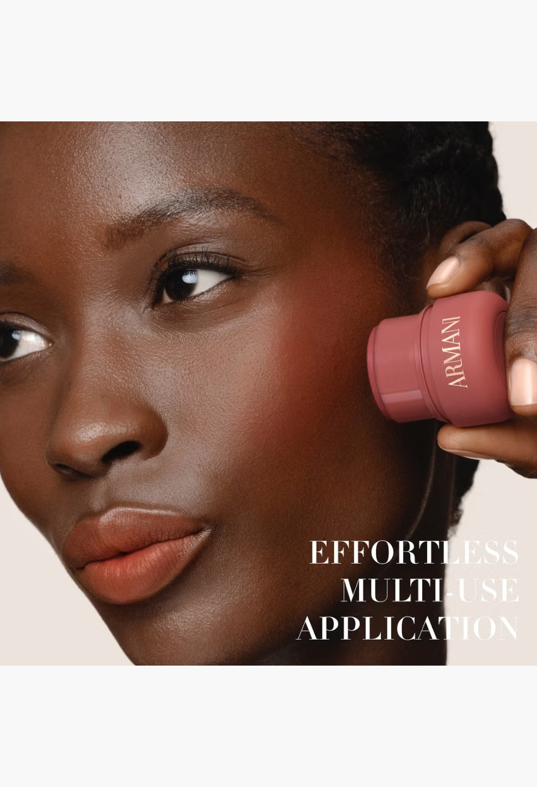 GLAM MODA Armani Beauty Dolci Blush stick applied to a model's cheek for a natural, radiant, long-lasting flush.