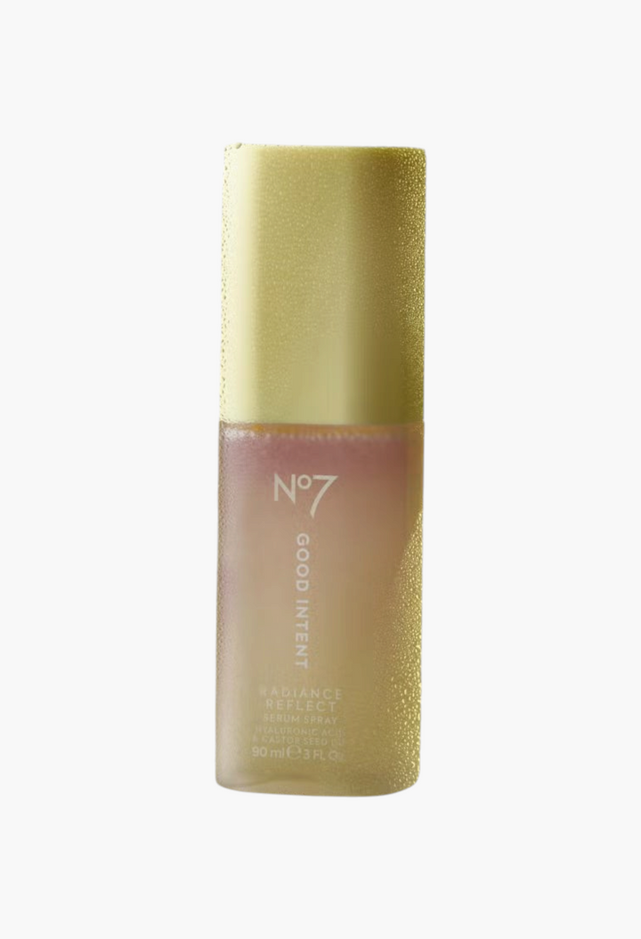 GLAM MODA No7 GOOD INTENT Radiance Reflect Spray Serum in a frosted bottle with a gold cap and water droplets