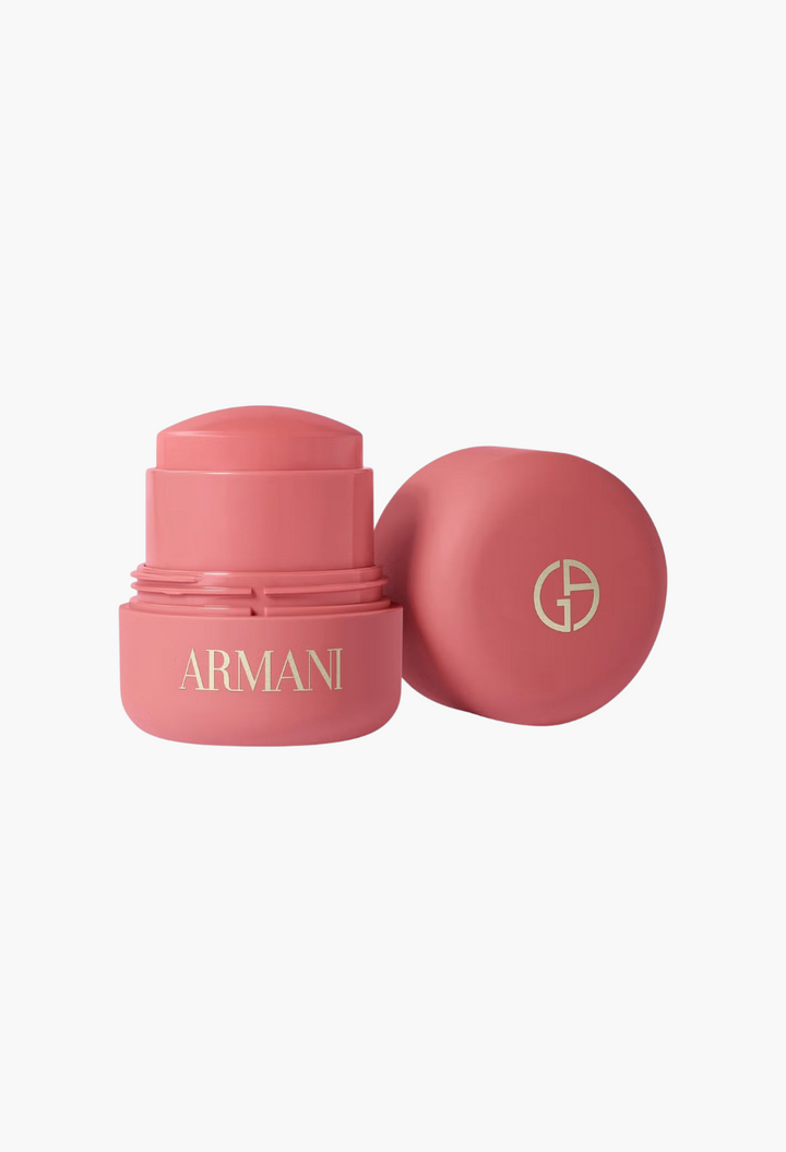 GLAM MODA Armani Dolci Blush in a pink cream-to-powder stick format with a matching cap featuring the brand logo.