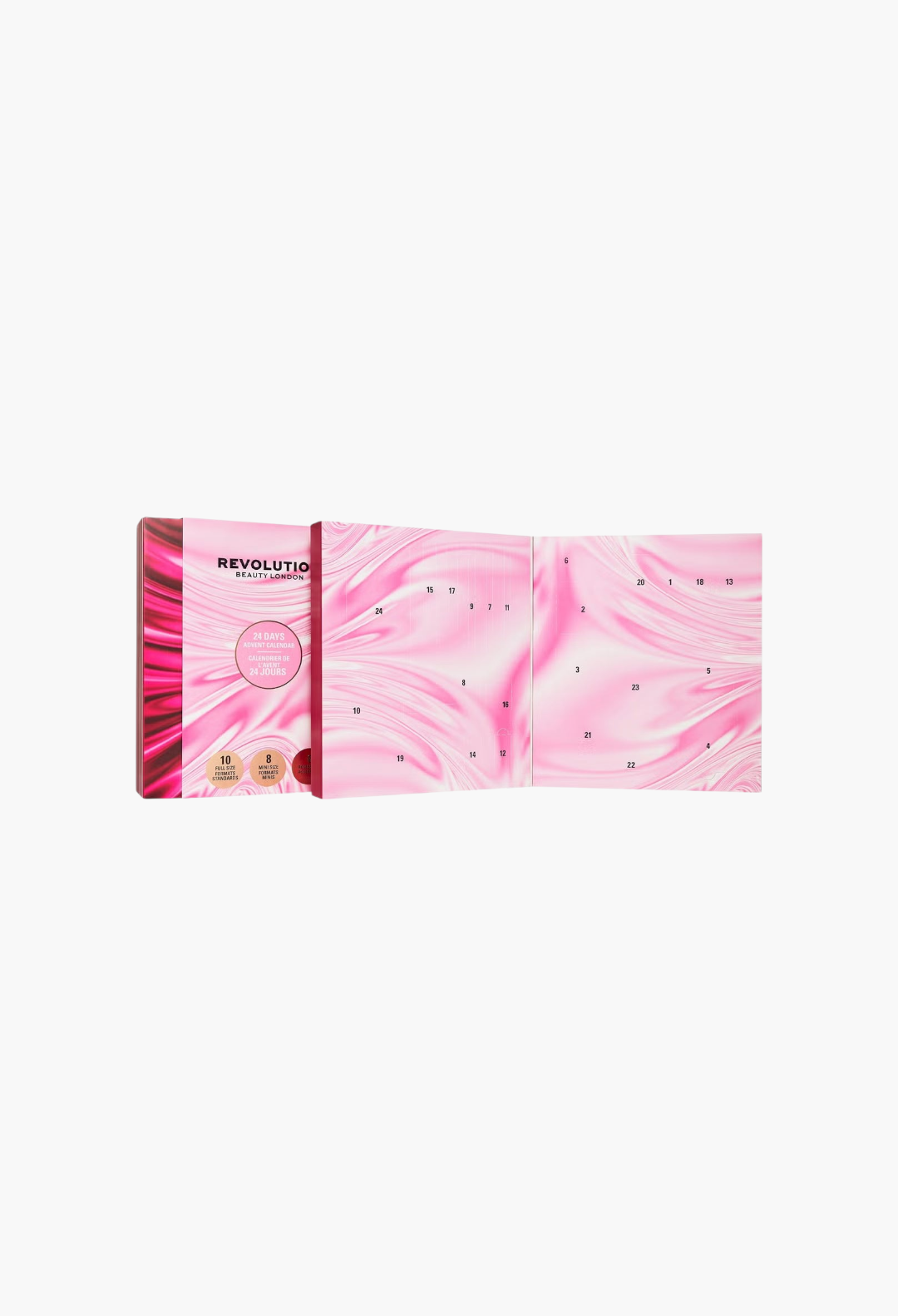 GLAM MODA Revolution Advent Calendar 2026 with 24 numbered doors in a pink marbled design for beauty products