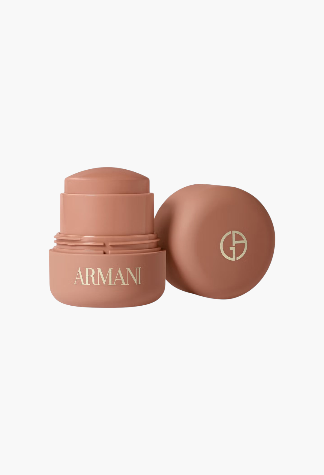 GLAM MODA Armani Beauty Dolci Blush in a warm neutral shade, presented in a portable cream-to-powder stick format.