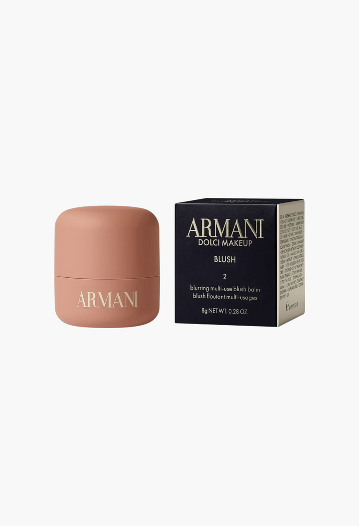 GLAM MODA Armani Dolci Blush cream-to-powder balm in a dusty rose pot with its black product packaging box.