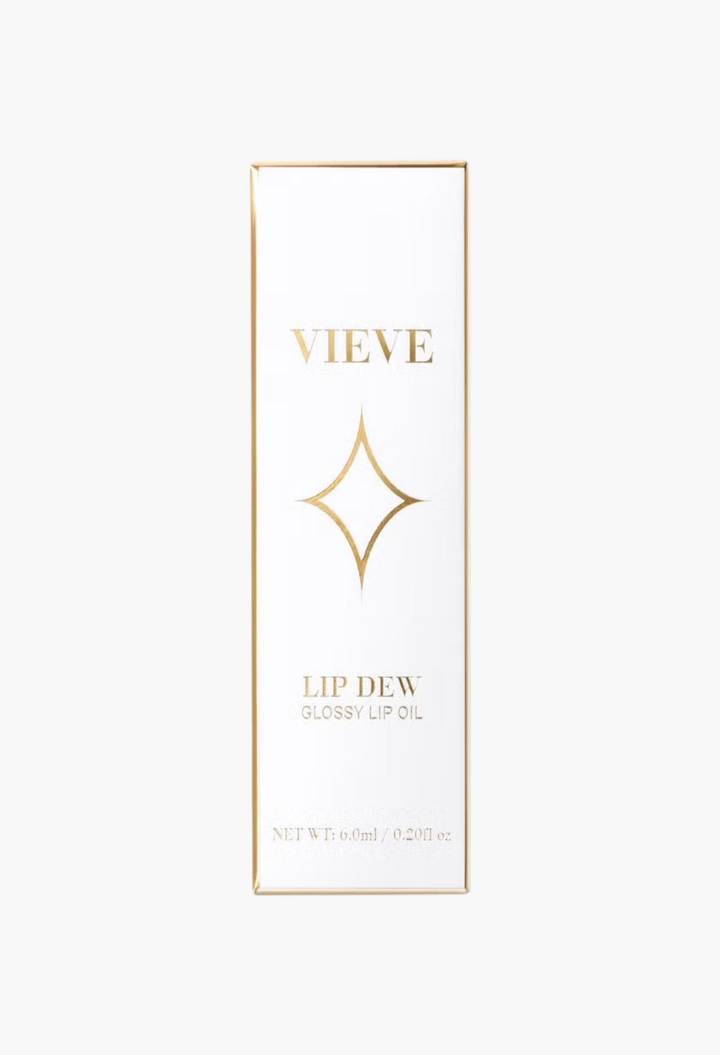 GLAM MODA VIEVE Lip Dew glossy lip oil packaging in a white box with elegant gold star logo and lettering