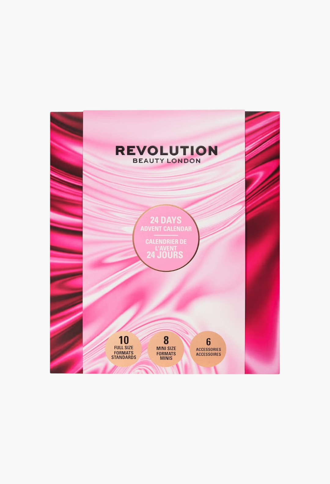 GLAM MODA Revolution 2026 beauty advent calendar with pink satin effect packaging and 24 days of makeup surprises