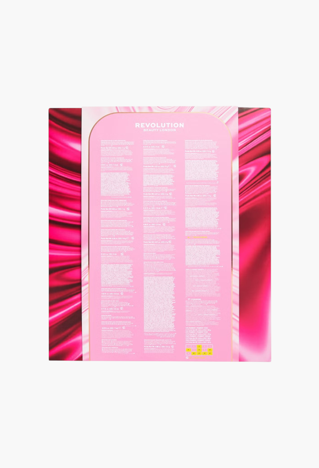 Back view of the GLAM MODA Revolution Advent Calendar 2026 box featuring pink marble patterns and product details.