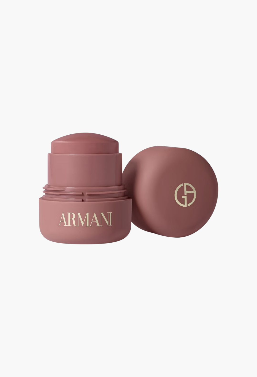 GLAM MODA Armani Dolci Blush in a dusty rose cream-to-powder stick with a matching cap and gold logo branding.