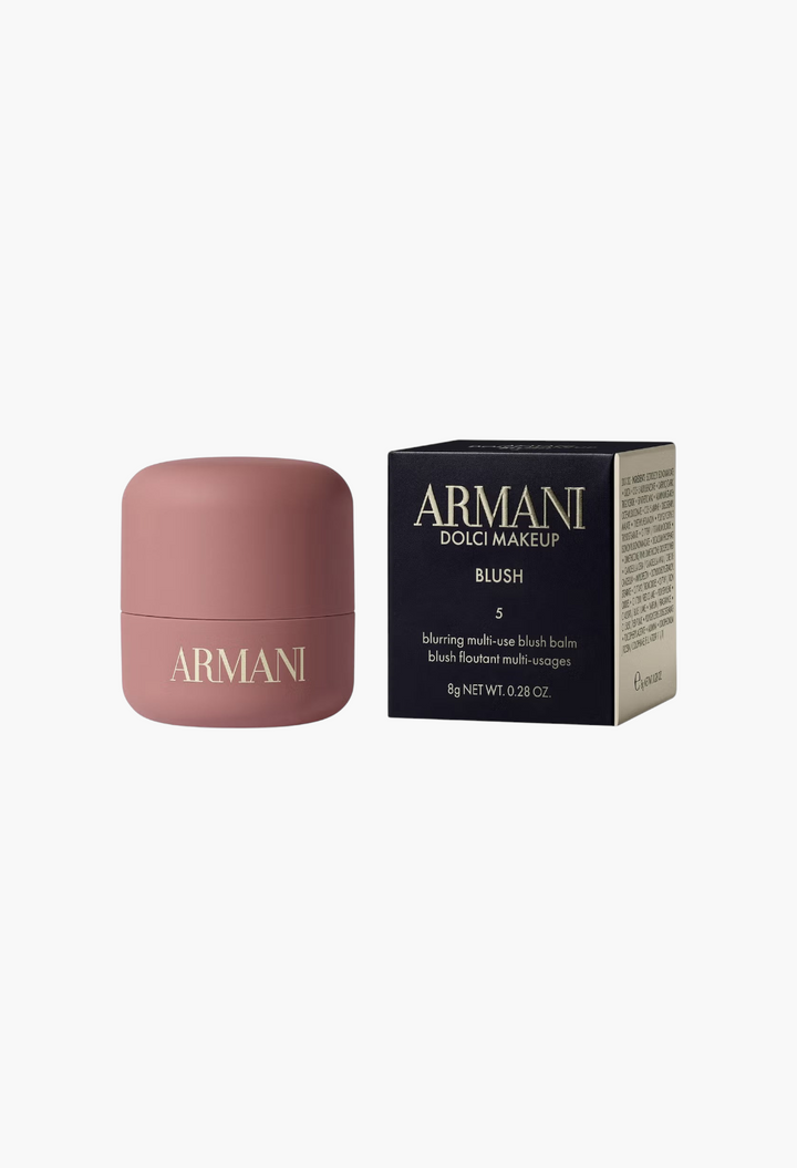 GLAM MODA Armani Dolci Blush cream-to-powder balm in a dusty rose pot next to its black product packaging box.