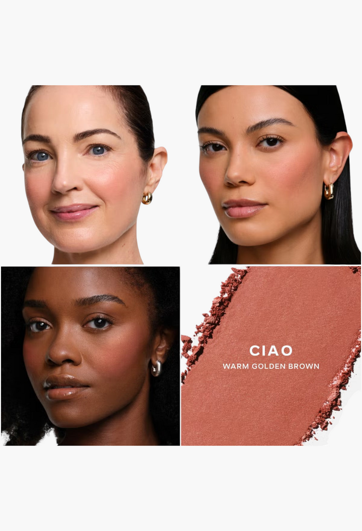 GLAM MODA Saie SuperSuede Radiant Blush in Ciao warm golden brown shown on three diverse skin tones with powder swatch