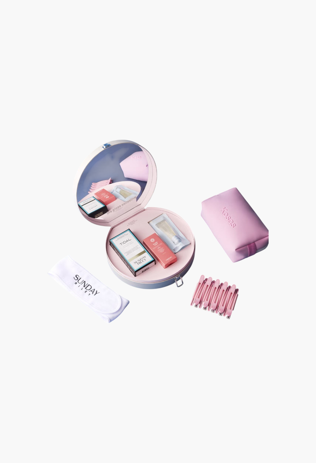 GLAM MODA The Gloss Collective beauty set featuring Maria Nila, Sunday Riley, and Kosas products in a vanity case.