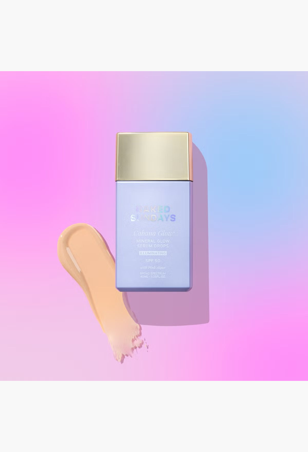 GLAM MODA Naked Sundays Cabana Glow SPF50 mineral serum drops in illuminating shade with a swatch of tinted formula