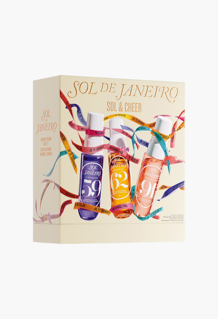 GLAM MODA Sol de Janeiro Sol & Cheer set featuring three travel-sized perfume mists in a decorative gift box.