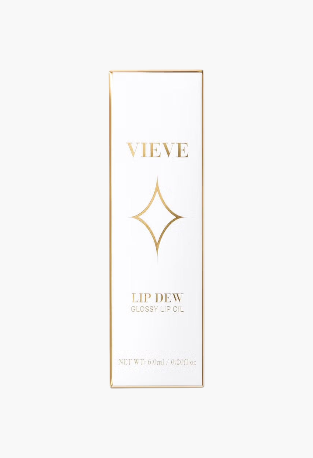 GLAM MODA VIEVE Lip Dew glossy lip oil packaging in a white box with elegant gold lettering and star icon