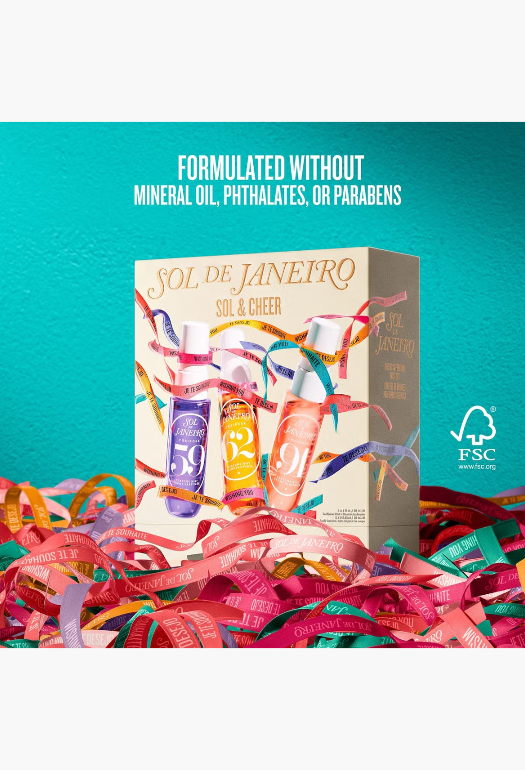 GLAM MODA Sol de Janeiro Sol & Cheer Set featuring three travel-sized fragrance mists in a festive gift box.