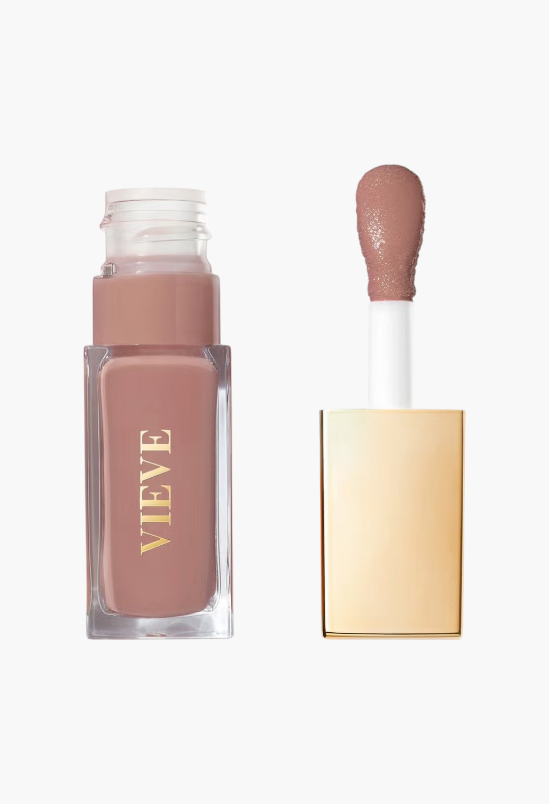 GLAM MODA VIEVE Lip Dew in a nude shade with a gold cap and applicator, providing a high-shine, non-sticky finish.