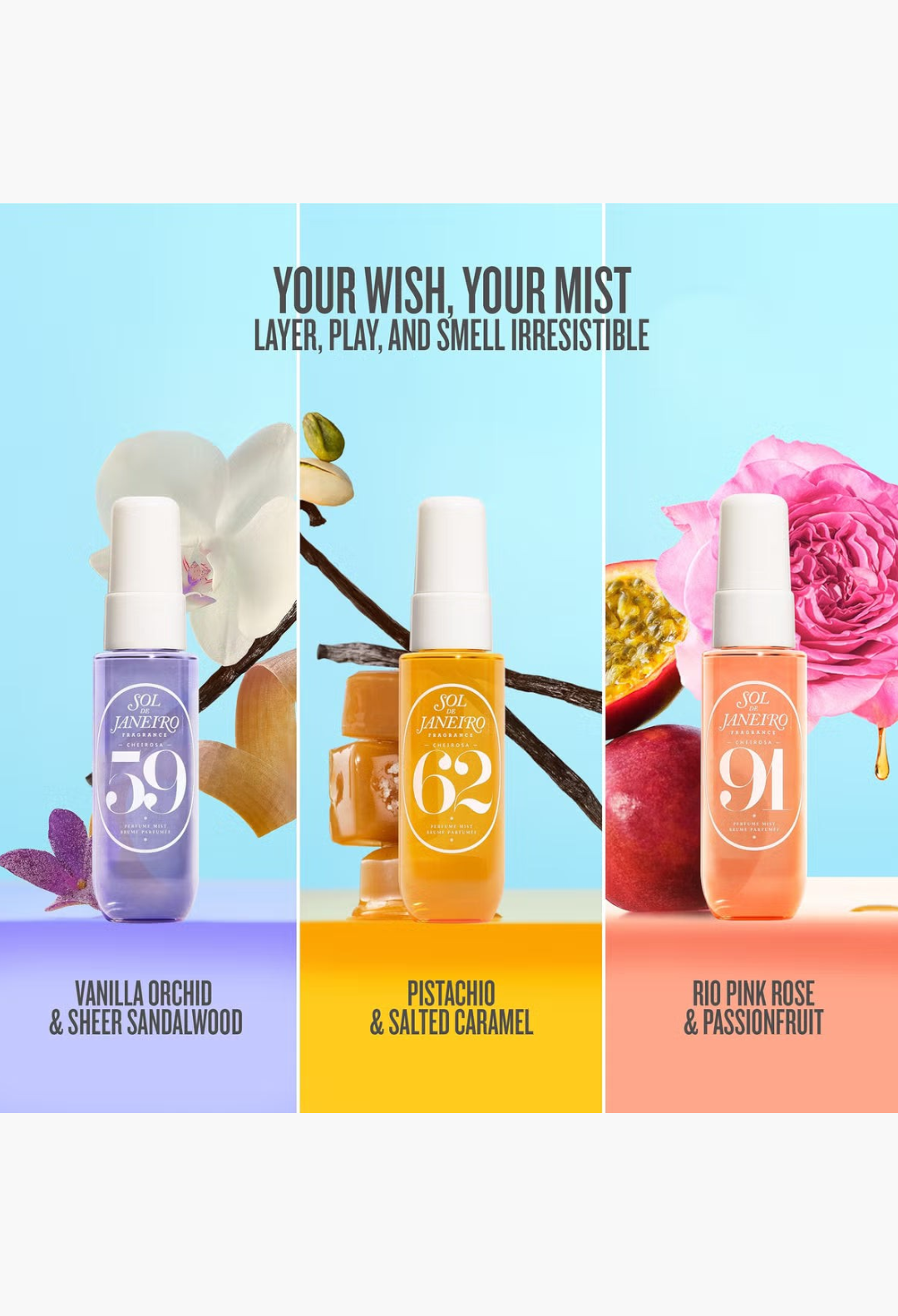 GLAM MODA Sol de Janeiro Sol & Cheer Set featuring three travel-sized perfume mists in purple, yellow, and orange.
