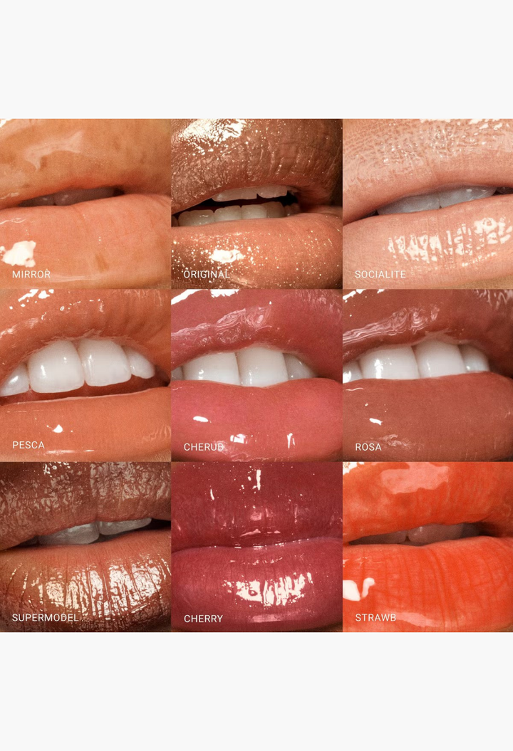 GLAM MODA VIEVE Lip Dew collection showing nine different glossy lip shades with a high-shine, non-sticky finish.