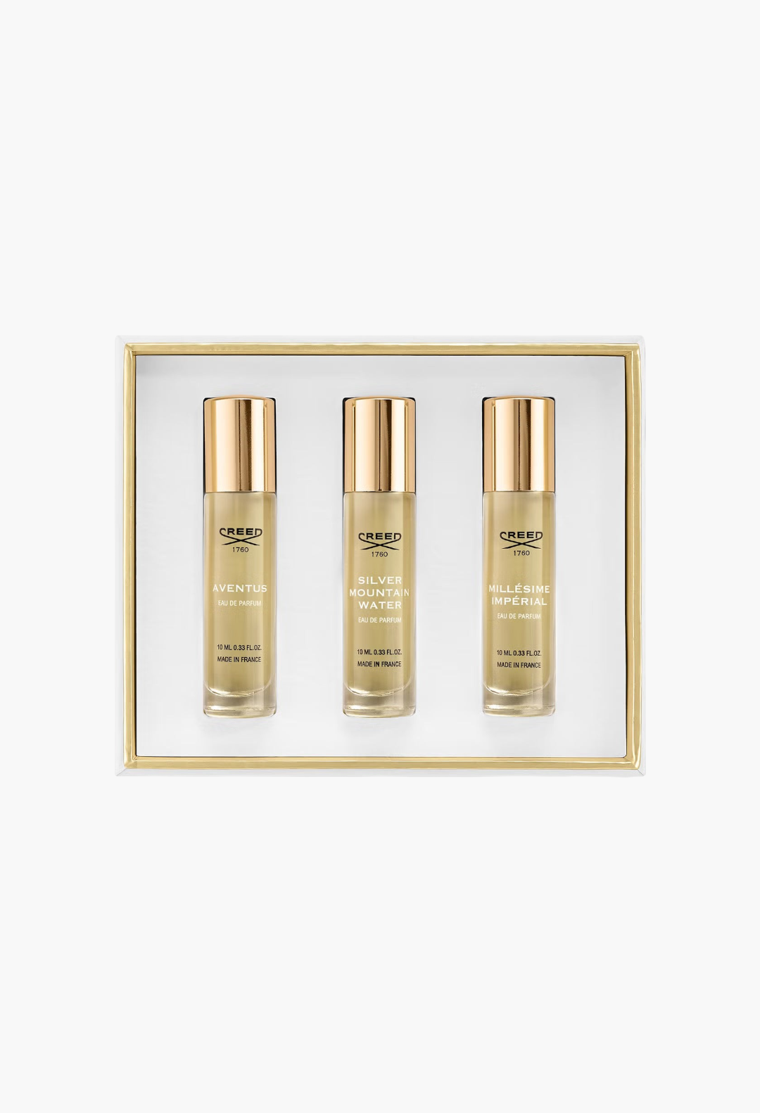 GLAM MODA Creed Men's Discovery Set featuring three 10ml fragrance vials in a white and gold presentation box.
