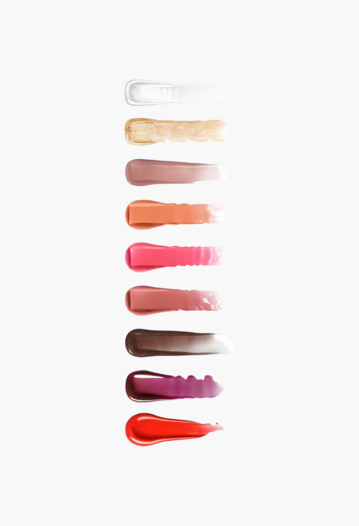 GLAM MODA VIEVE Lip Dew swatches showing a variety of glossy, high-shine lip oil shades from clear to deep red.
