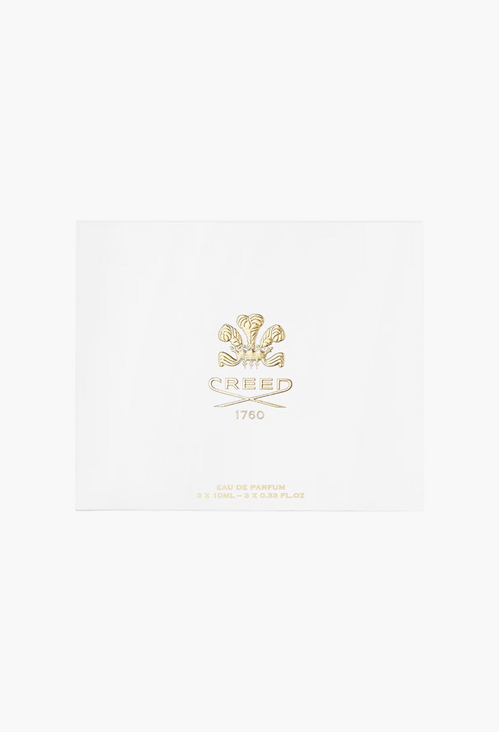 GLAM MODA Creed Men's Discovery Set featuring three 10ml luxury fragrance vials in a white presentation gift box.