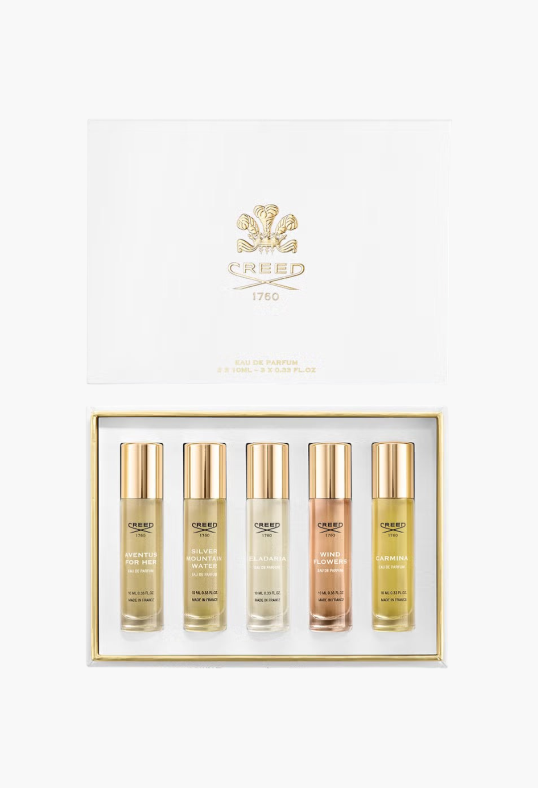 GLAM MODA Creed Women's Discovery Set featuring five 10ml luxury perfume vials in a white branded gift box.