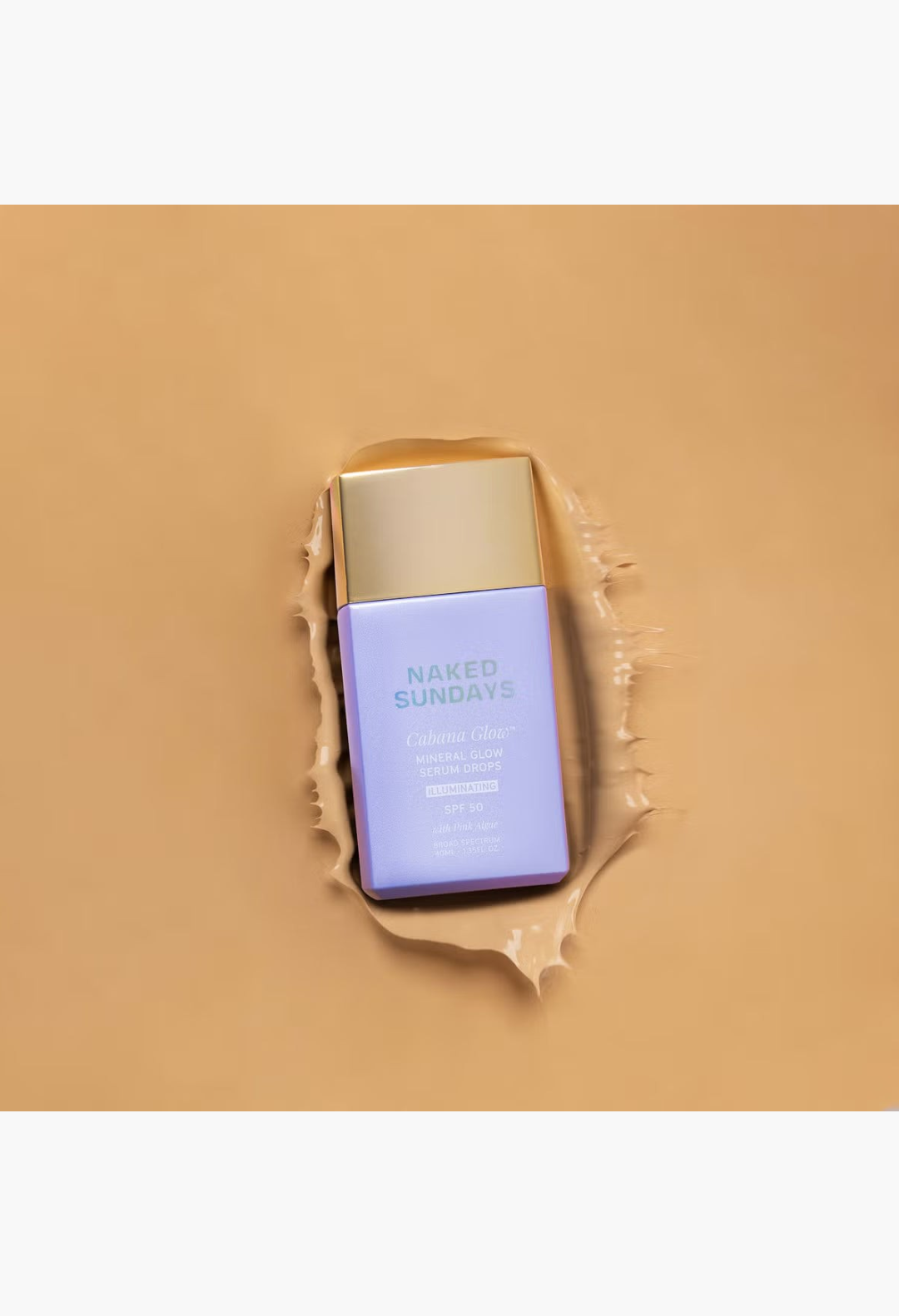 GLAM MODA Naked Sundays Cabana Glow SPF50 illuminating mineral serum drops in a lavender bottle on a tan background.