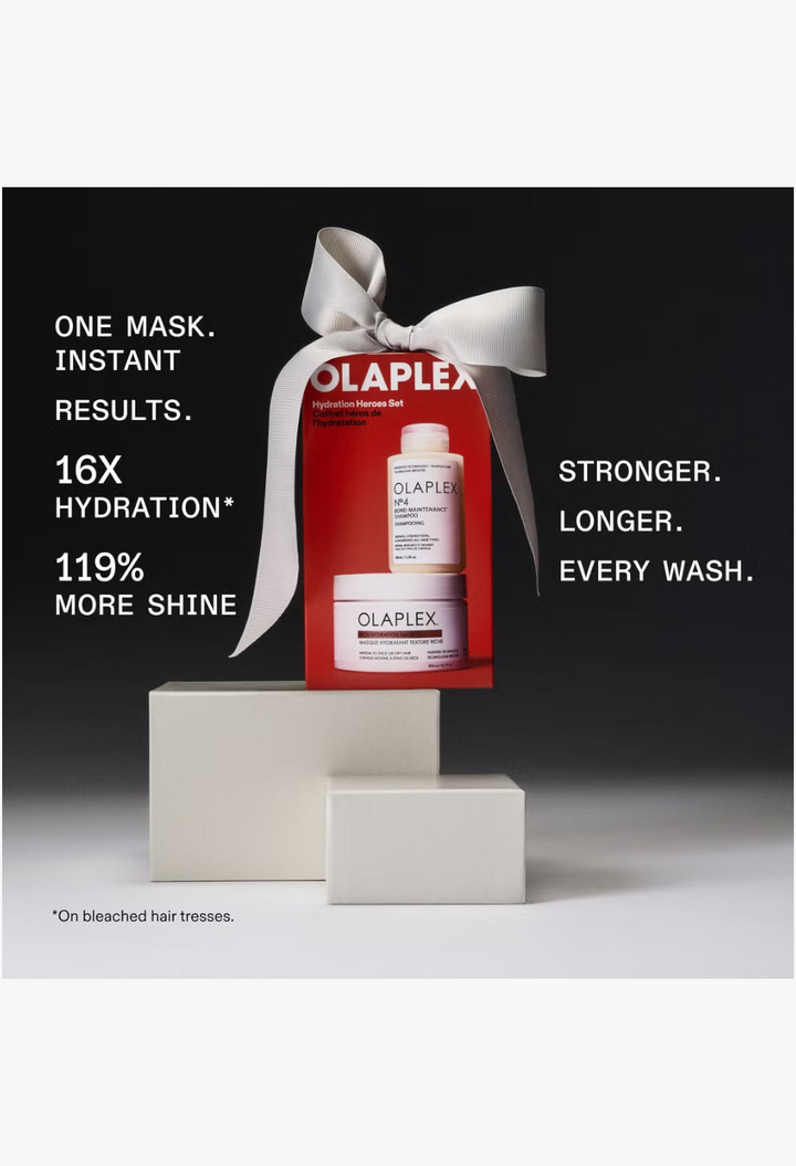 GLAM MODA Olaplex Hydration Heroes hair care gift set featuring No.4 shampoo and Rich Hydration Mask with a silver bow.