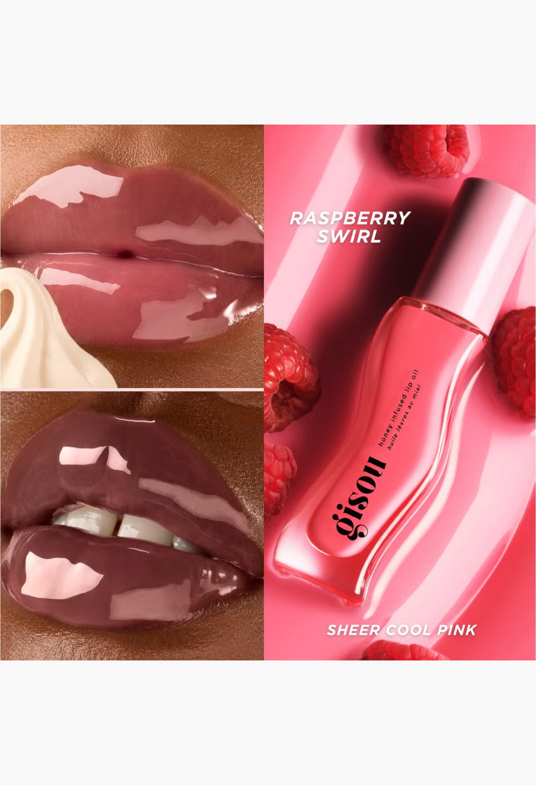 GLAM MODA Gisou honey infused lip oil in Raspberry Swirl with a glossy pink finish and creamy honey texture