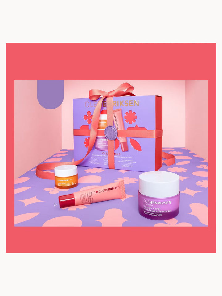 GLAM MODA OLE HENRIKSEN skincare gift set featuring vitamin C brightening creams, serums, and cleansers in a gift box.