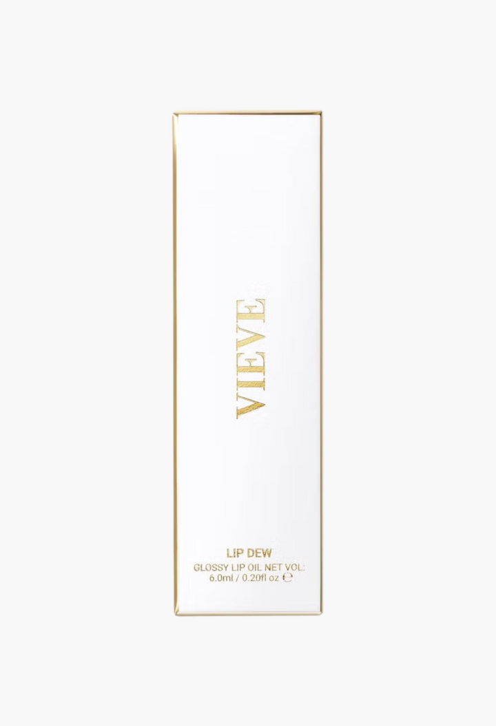 GLAM MODA VIEVE Lip Dew white and gold product packaging box for high-shine lip oil treatment