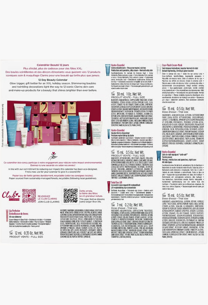 GLAM MODA Clarins 12 Day Beauty Calendar featuring skincare and makeup products with detailed ingredient lists