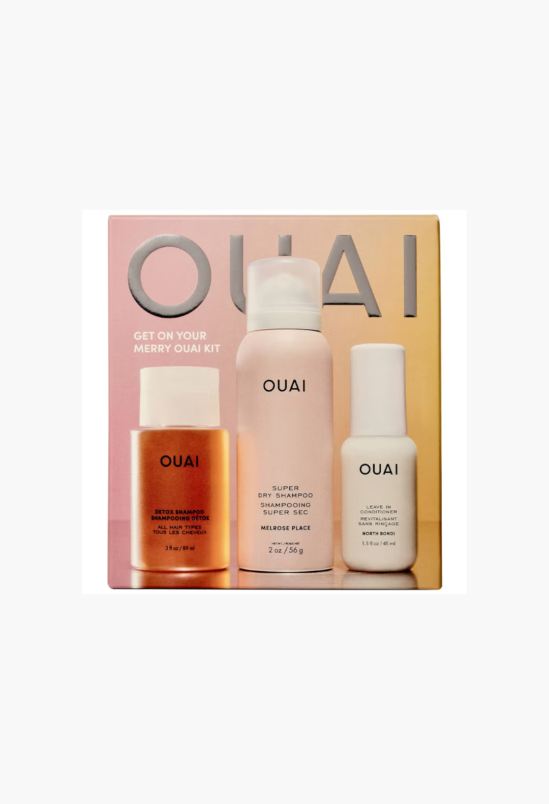 GLAM MODA OUAI Get On Your Merry Kit featuring travel-sized detox shampoo, super dry shampoo, and leave-in conditioner