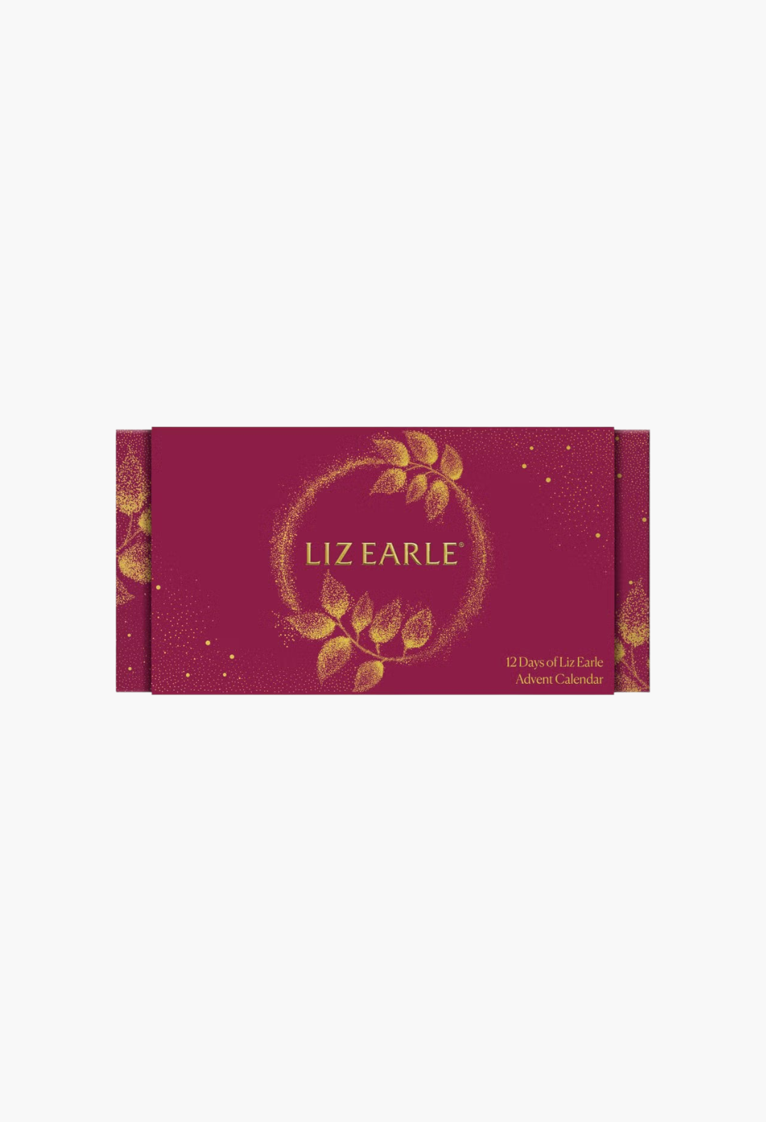GLAM MODA Liz Earle 12 Days of Liz Earle Advent Calendar in deep red with gold botanical leaf foil detailing.