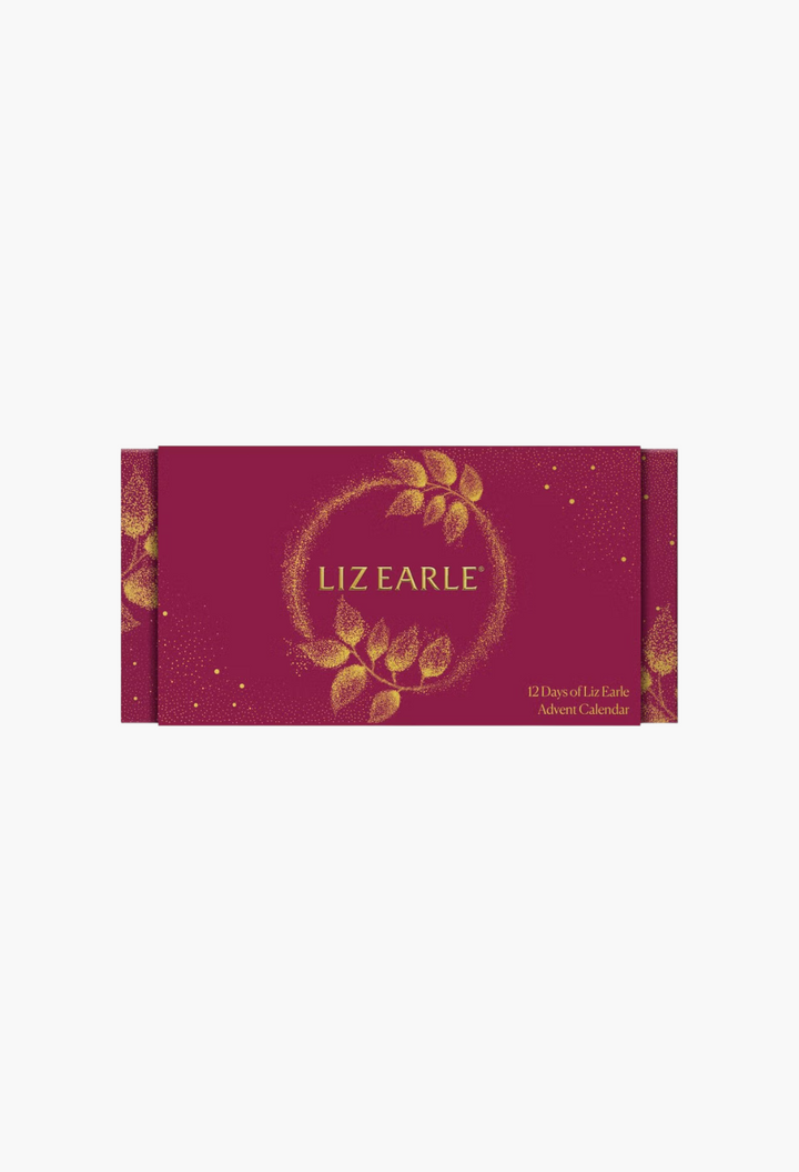 GLAM MODA Liz Earle 12 Days of Liz Earle Advent Calendar in deep red with gold botanical leaf foil detailing.