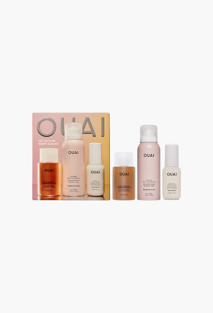 GLAM MODA OUAI Get On Your Merry Kit featuring travel-sized detox shampoo, dry shampoo, and leave-in conditioner.
