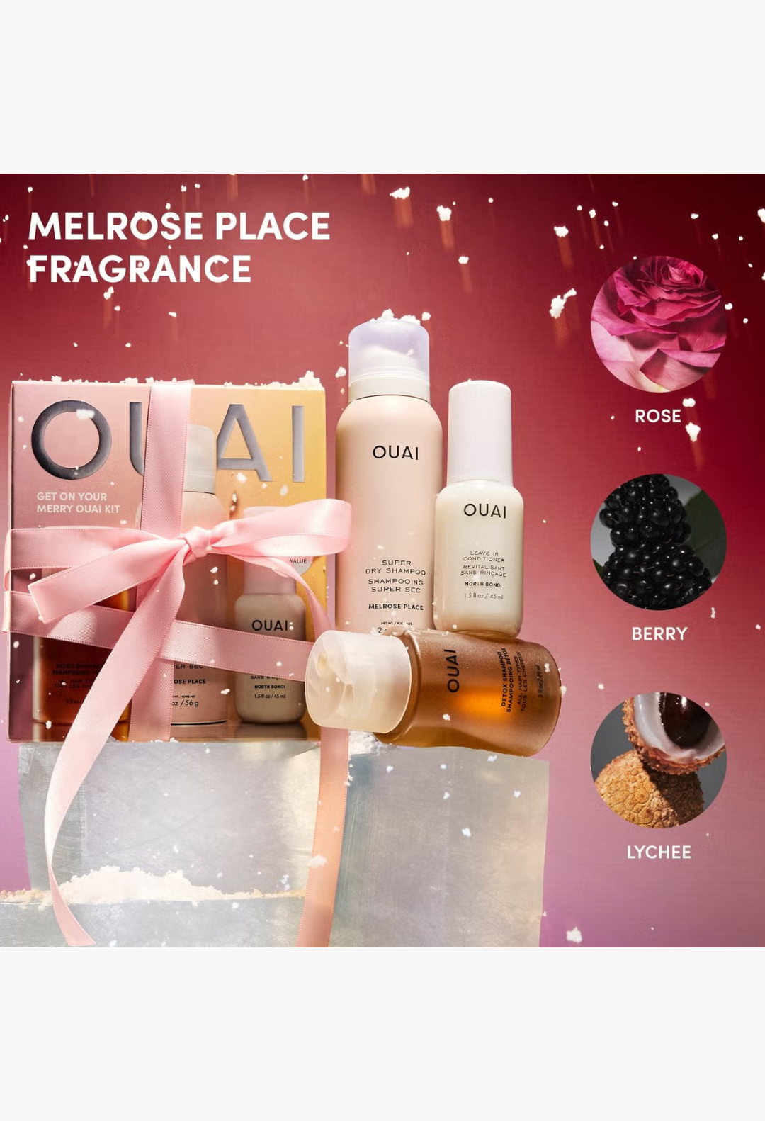 GLAM MODA OUAI Get On Your Merry Kit featuring travel-sized detox shampoo, dry shampoo, and leave-in conditioner.